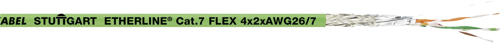 Grünes Kabel mit Text 'LAPP KABEL STUTTGART ETHERLINE® Cat.7 FLEX 4x2xAWG26/7'. Anschnitt zeigt vier verdrillte Adern in Silber, Orange, und Grün-Weiß.