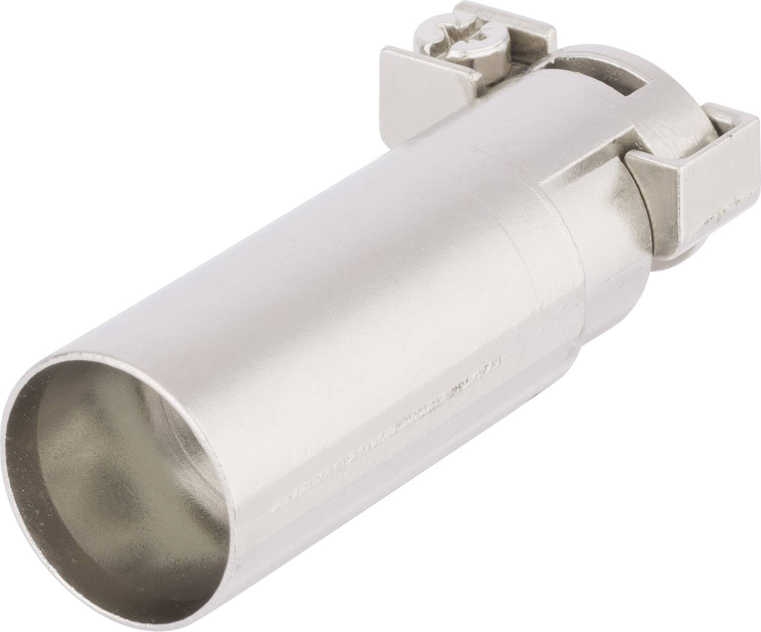 Metallischer Steckverbinder mit zylindrischer Form und Verriegelungsmechanismen an einem Ende. Verwendet für elektrische Verbindungen.