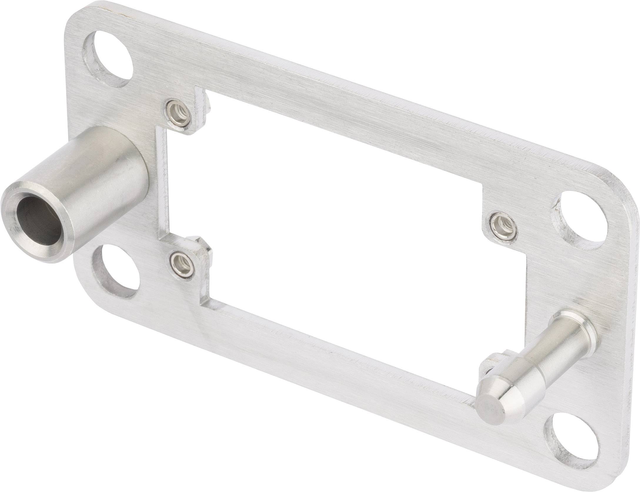 Metallplatte mit vier runden Eckenlöchern und zwei abstehenden zylindrischen Elementen unterschiedlicher Größe an den Seiten.