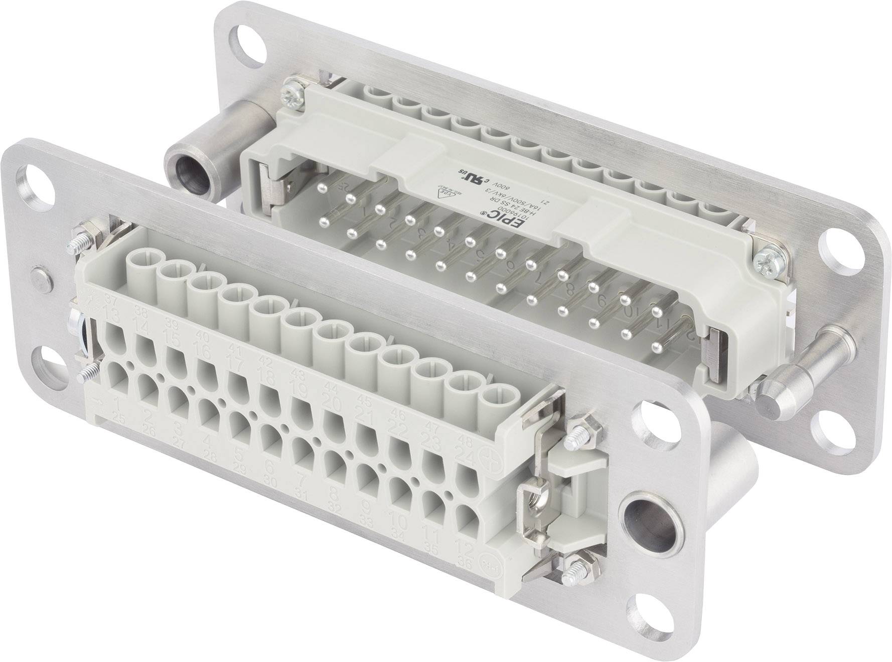 Ein rechteckiger Steckverbinder mit mehreren Anschlussstellen, montiert auf einer Metallplatte. Geeignet für industrielle Anwendungen.