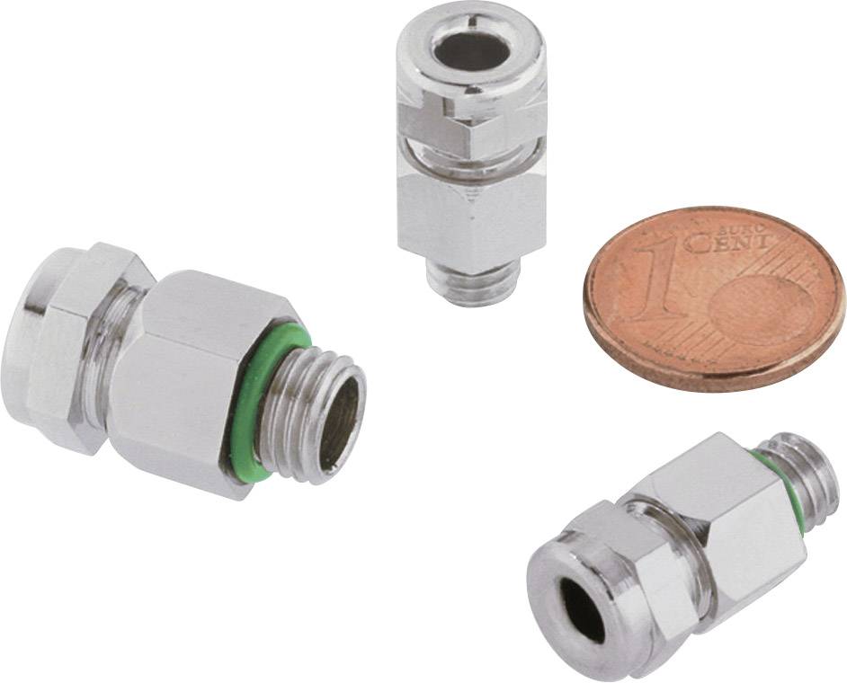 Drei silberne Metallanschlüsse neben einer 1-Cent-Münze. Die Anschlüsse haben grüne Dichtungen und sind unterschiedlich positioniert.