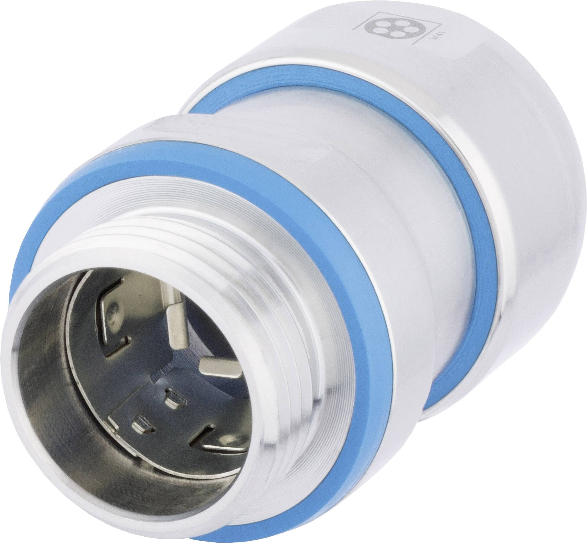 Metallischer zylindrischer Stecker mit blauem Dichtungsring, geeignet für elektrische Verbindungen, isoliert auf weißem Hintergrund.