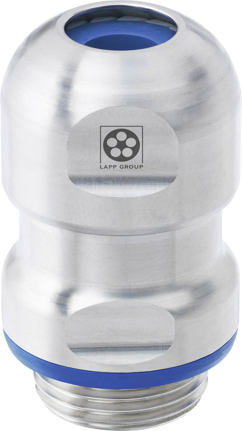 Metallischer Kabelverschraubung für industrielle Anwendungen, glänzend silber mit blauer Dichtung. Logo der 'LAPP GROUP' sichtbar.