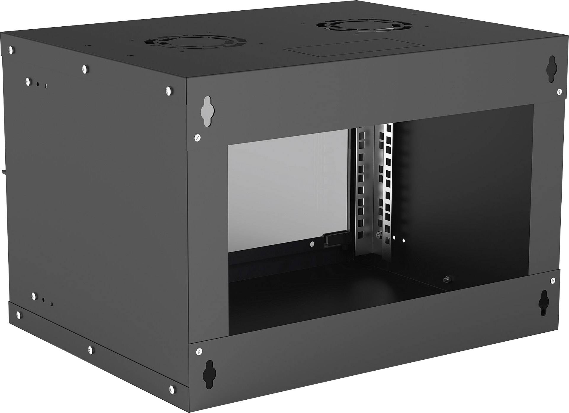 Schwarzes, kompaktes Wandgehäuse mit offenem Frontbereich und Lüftungsöffnungen oben, geeignet für die Montage von Netzwerktechnik.