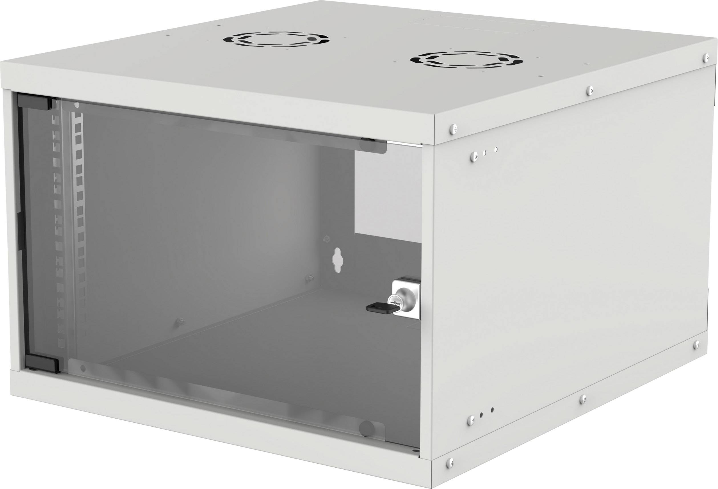 Ein grauer Server-Schrank mit transparenten Vorderseite und Belüftungslöchern oben, geeignet für IT-Geräte in technischen Umgebungen.