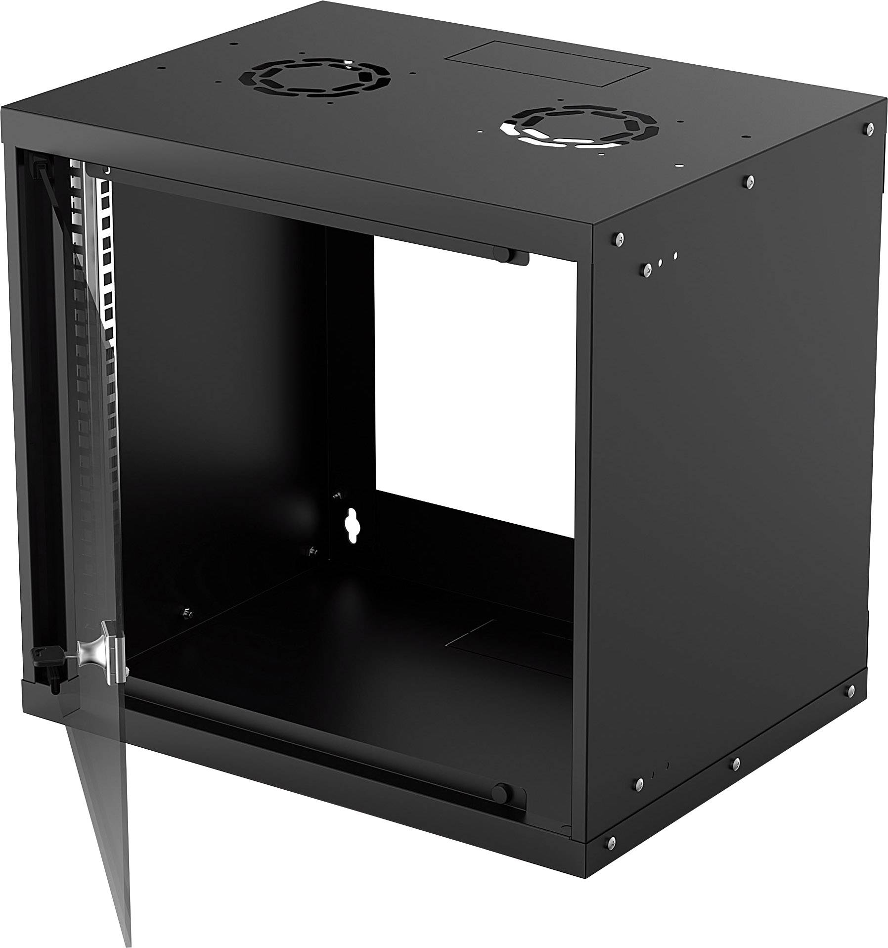 Ein schwarzes, offenes Server-Rack-Gehäuse, das von der Seite gezeigt wird. Es hat zwei Lüfteröffnungen oben und eine Glastür.