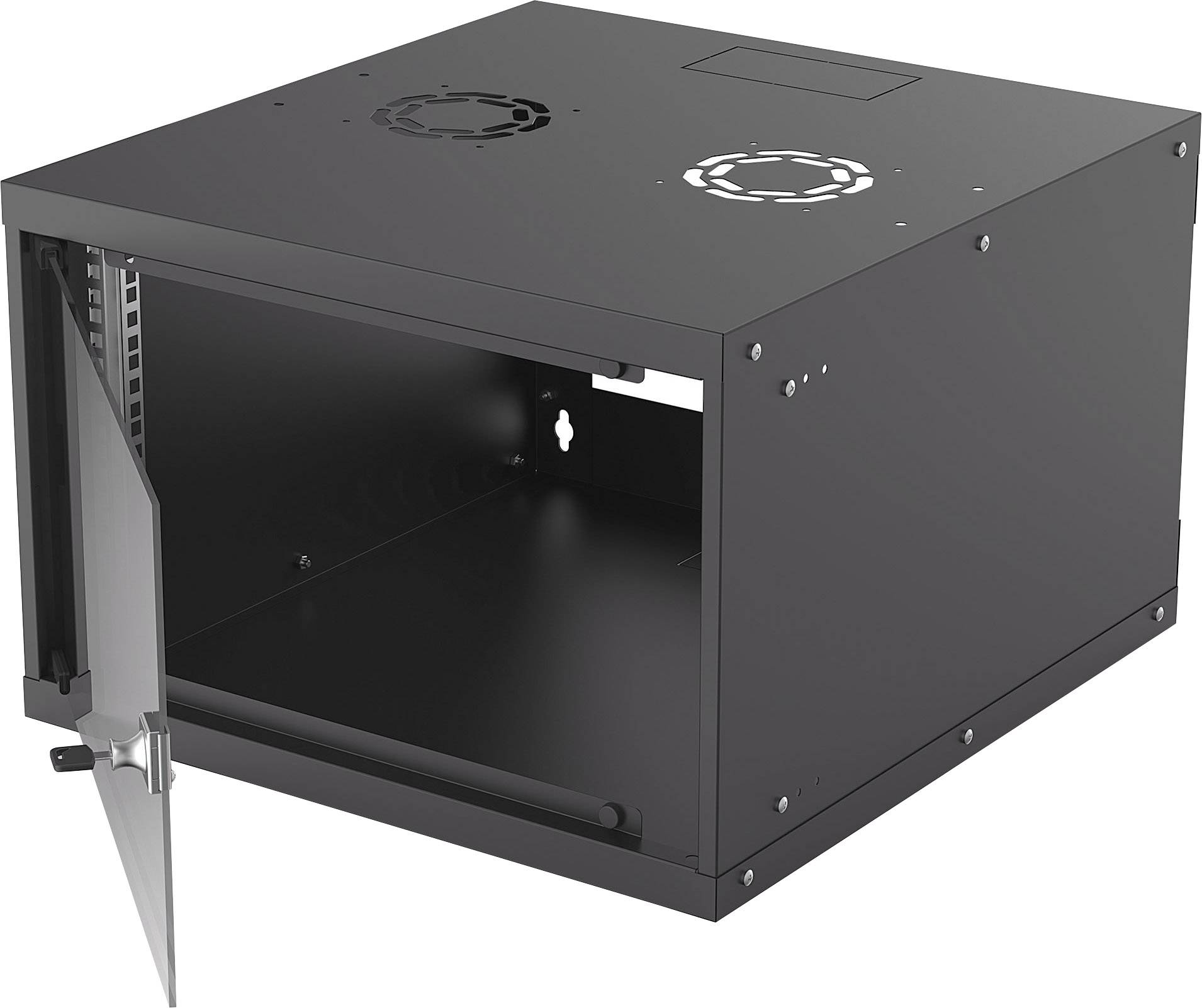 Ein leerer, schwarzer Server-Schrank aus Metall mit einer offenen Glastür, geeignet für die sichere Aufbewahrung von IT-Komponenten.