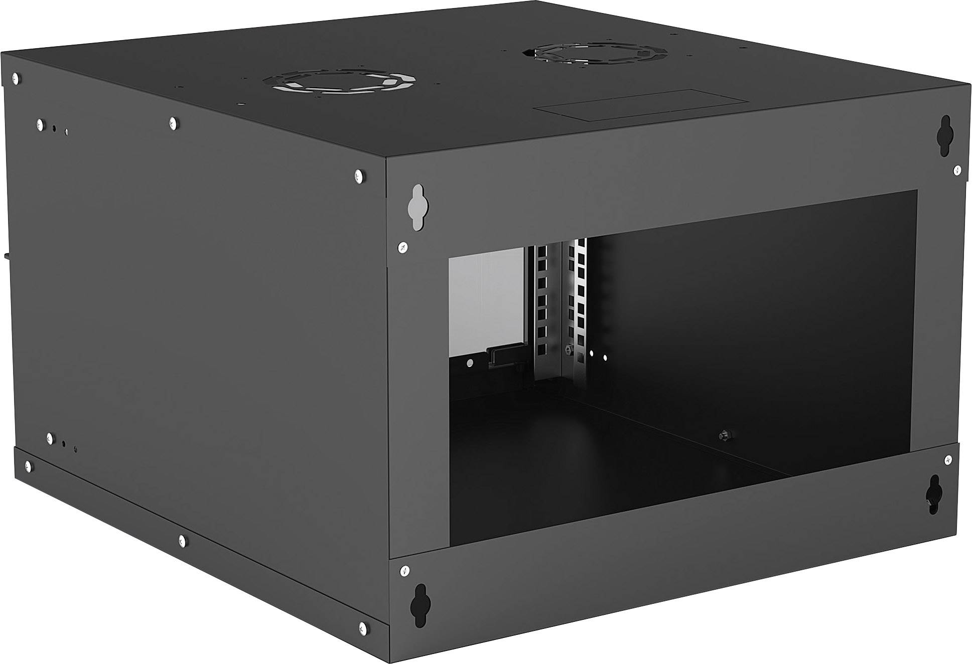 Schwarzes, rechteckiges Servergehäuse mit Lüftungsschlitzen oben und seitlicher Öffnung für Hardwareinstallationen.
