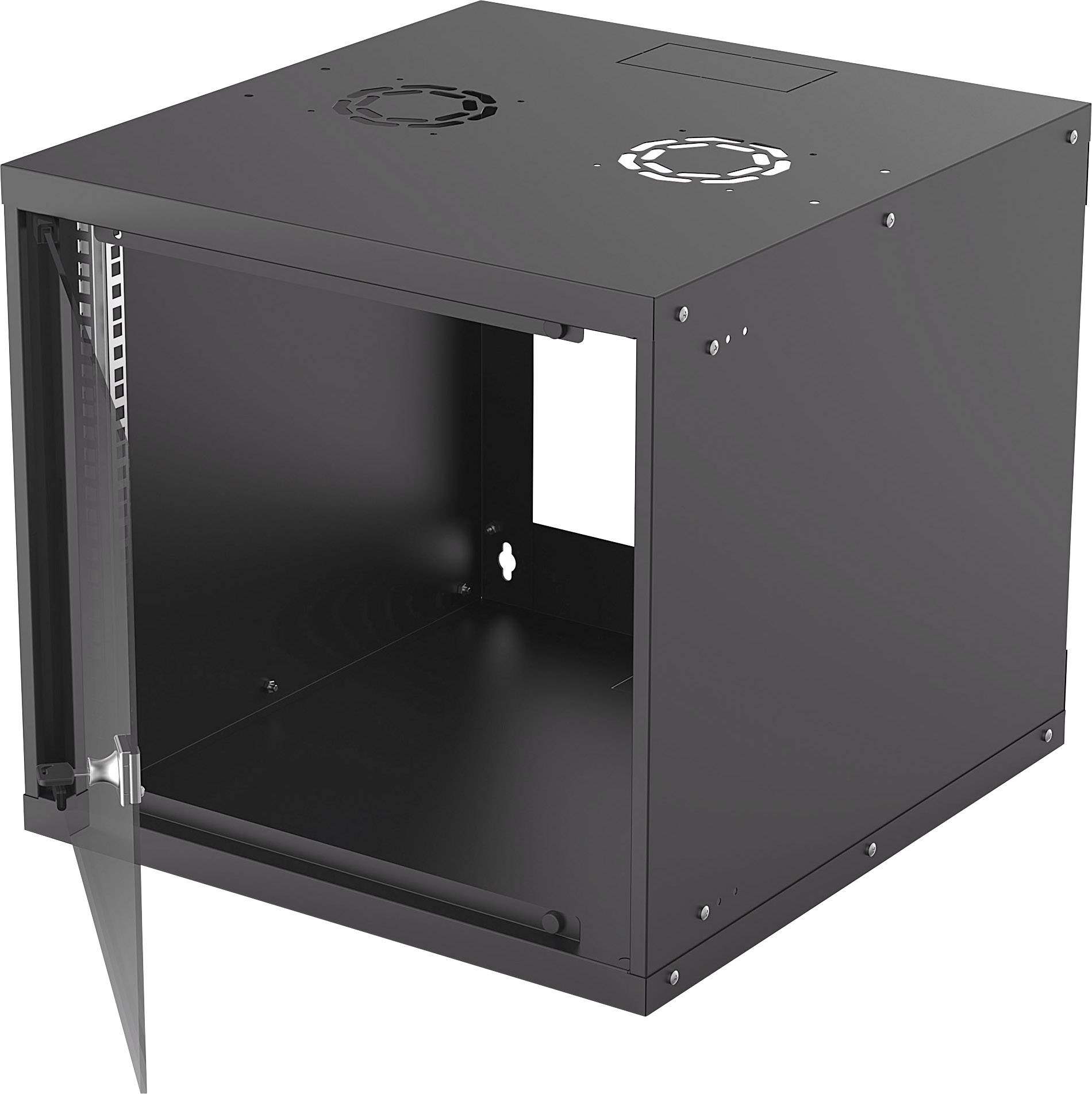 Schwarzes, leeres Server-Rack-Gehäuse mit offener Tür, Lüftungslöchern oben und quadratischem Design.
