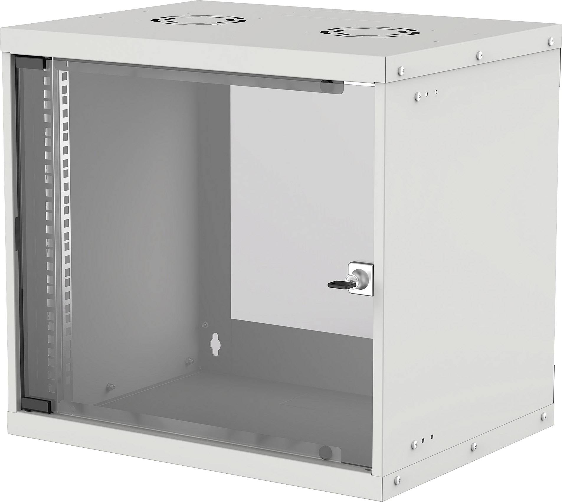 Ein grauer Wandgehäuse-Schrank mit Glastür und Belüftungsschlitzen oben, geeignet zur Aufbewahrung von Netzwerkgeräten.