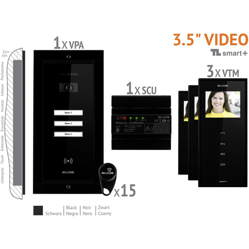 Interphone vidéo Bellcome VKM.P3FR.T3S4.BLB04 filaire Set complet 3 foyers noir