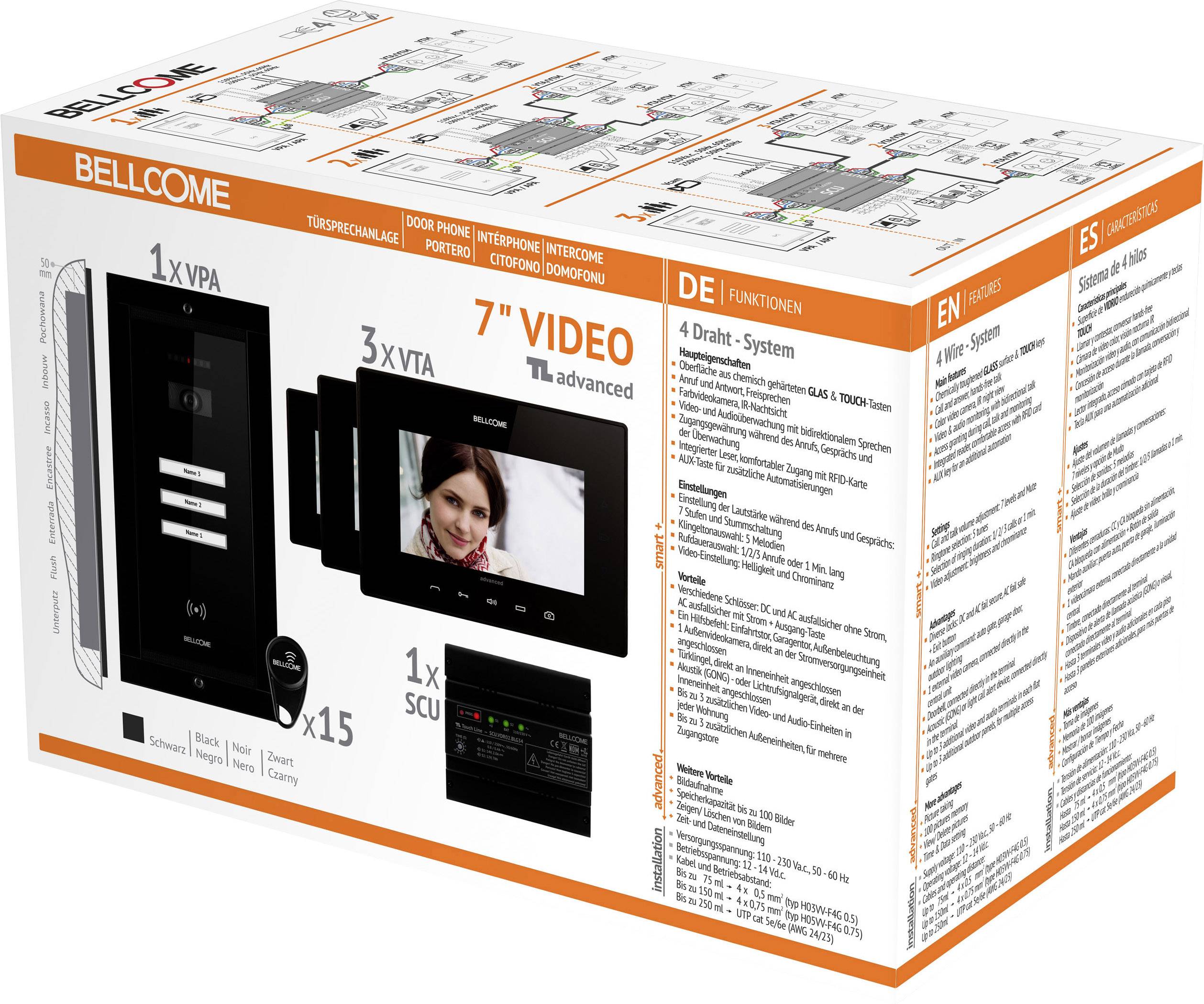 Bellcome VKA.P3FR.T7S9.BLB04 Video-Türsprechanlage Kabelgebunden Komplett-Set 3 Familienhaus Schwarz