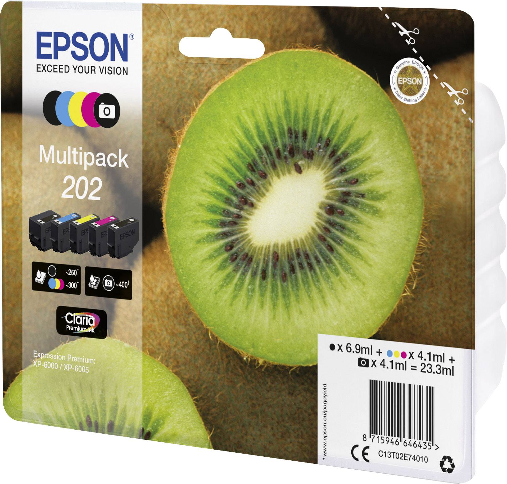 Verpackung einer Epson 202 Tintenpatrone, Multipack, mit einem Kiwi-Motiv. Enthält vier verschiedene Farbbefüllungen.