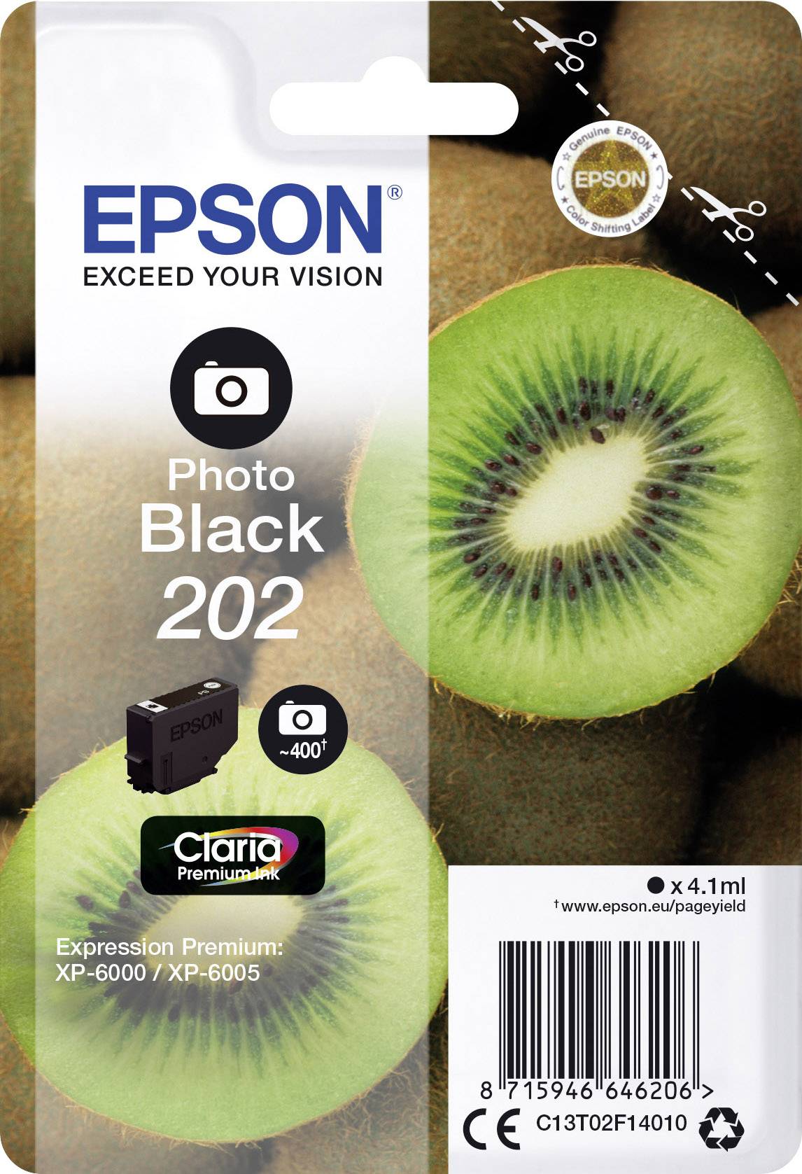 Verpackung einer Epson 'Photo Black 202' Druckerpatrone, mit zwei Kiwischeiben abgebildet, kompatibel mit Expression Premium XP-6000/XP-6005.