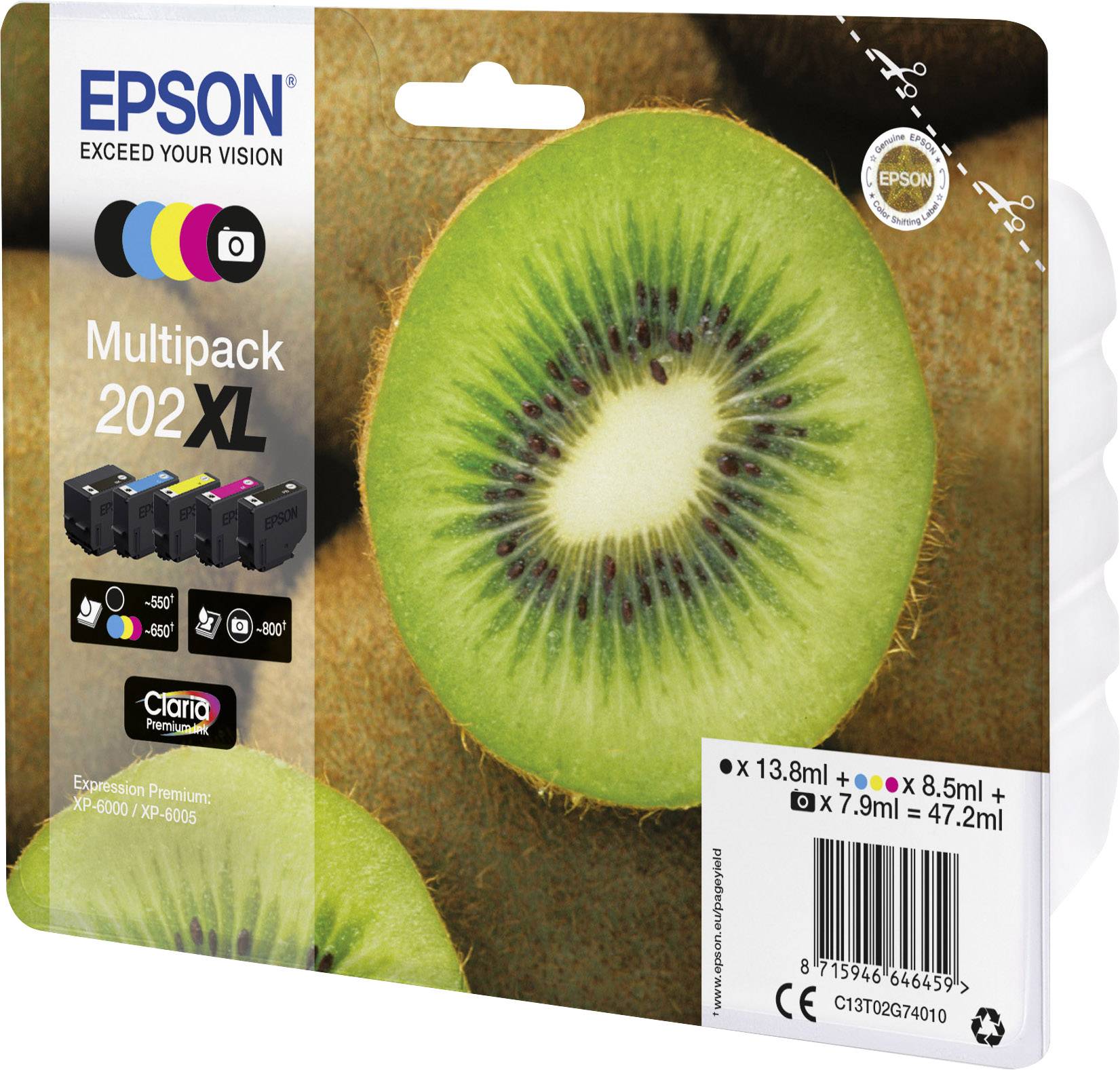 Epson Multifunktionsdrucker Tintenpatronen-Multipack 202XL in Schwarz, Cyan, Magenta, Gelb. Enthält Mengenangaben und Produktetikett.