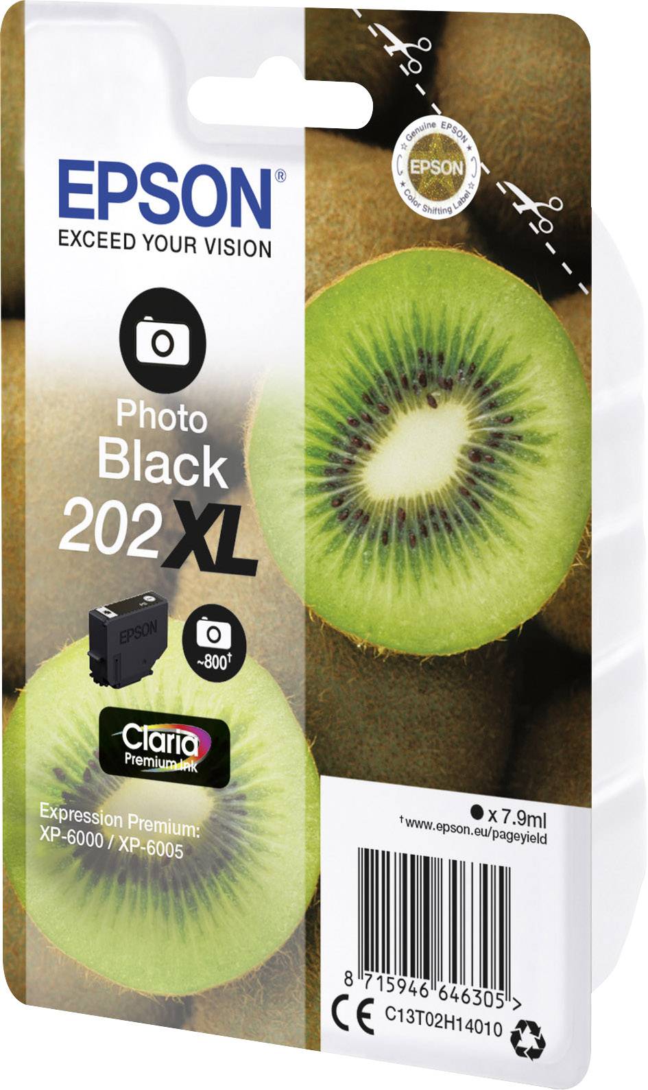 Verpackung für Epson Tintenpatrone 'Photo Black 202XL' mit Claria Premium. Kiwi-Bild, kompatibel mit Epson XP-6000/XP-6005.