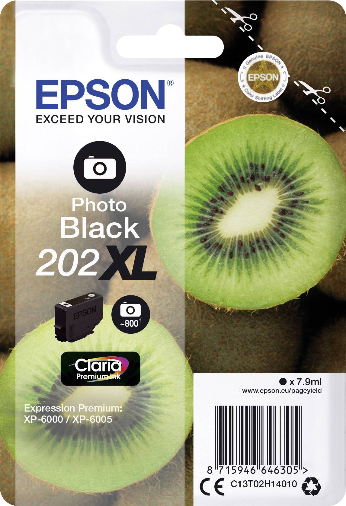 Epson Tintenpatrone, Schwarz, Modell 202XL, fotografiert vor Kiwi-Hintergrund. Kompatibel mit Expression Premium XP-6000/XP-6005.