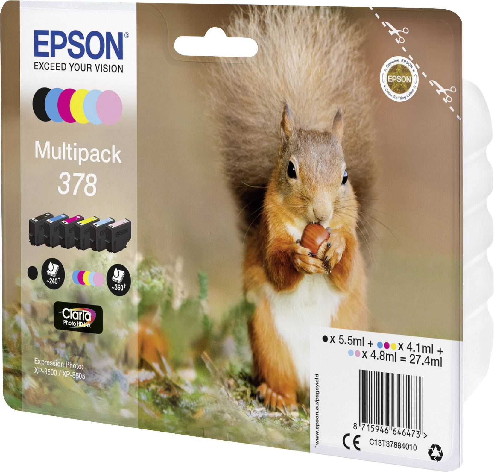 Eichhörnchen mit Nuss auf Epson Tintenpatronen-Verpackung; zeigt Multipack 378 für bestimmte Druckermodelle an.
