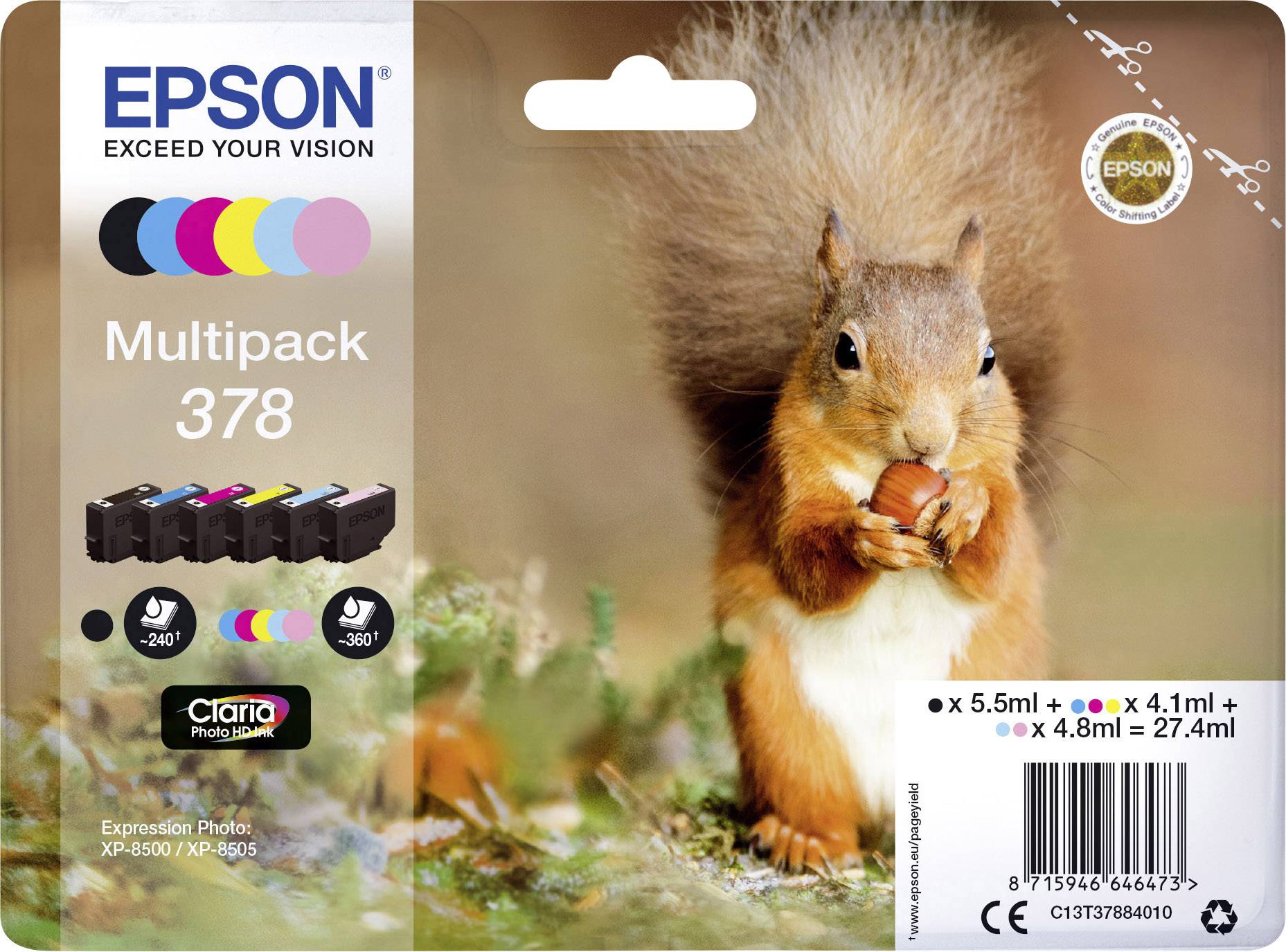 'Epson Multipack 378' Tintenpatrone Verpackung mit Eichhörnchen, fünf Farbpatronen abgebildet. Geeignet für Expression Photo XP-8500/XP-8605.