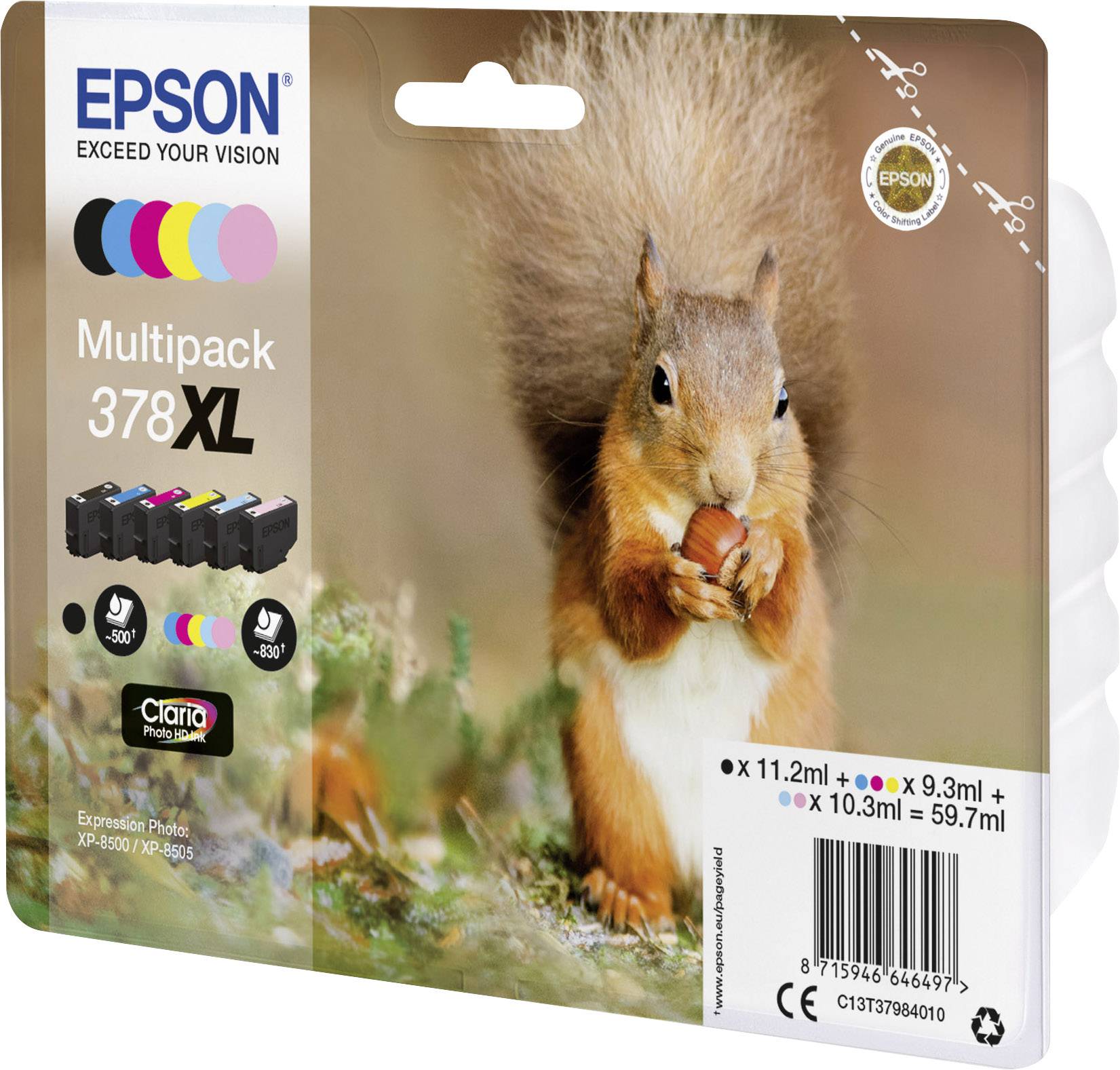Eine Verpackung mit Epson 378XL Tintenpatronen-Multipack zeigt ein Eichhörnchen mit einer Nuss. Enthält Schwarztinte und farbige Tinten.
