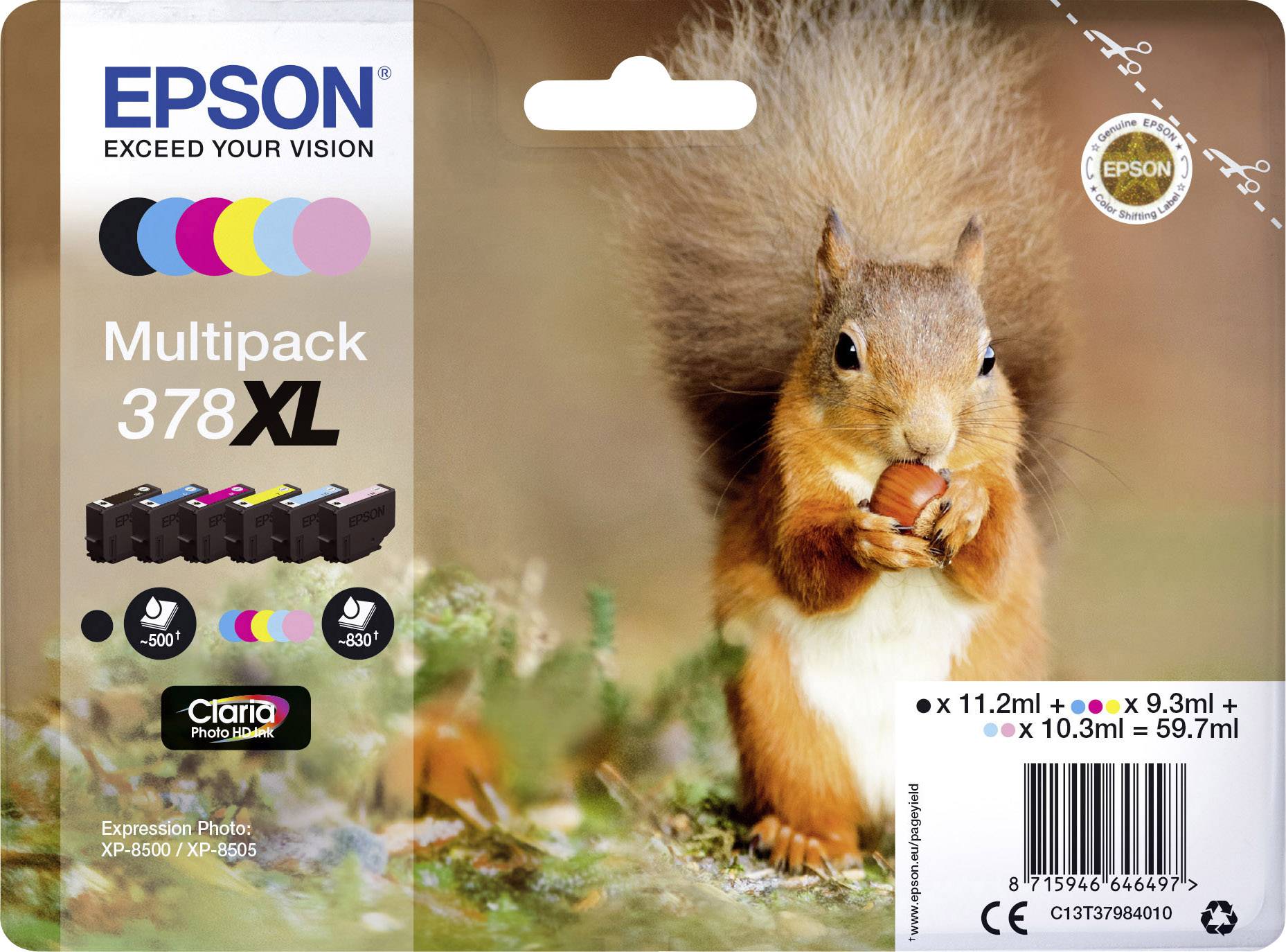 Ein rotes Eichhörnchen hält eine Nuss. Links sind Tintenpatronen von Epson abgebildet, darunter 'Multipack 378 XL' in großen Buchstaben.