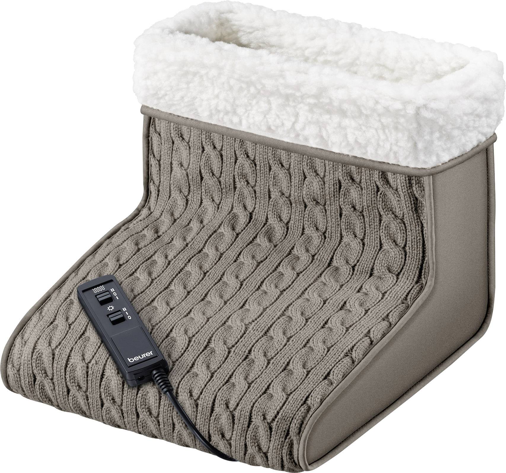 Beige Fußwärmer aus Strickmaterial mit weißem Futter und elektronischem Bedienelement, geeignet für kalte Wintertage.