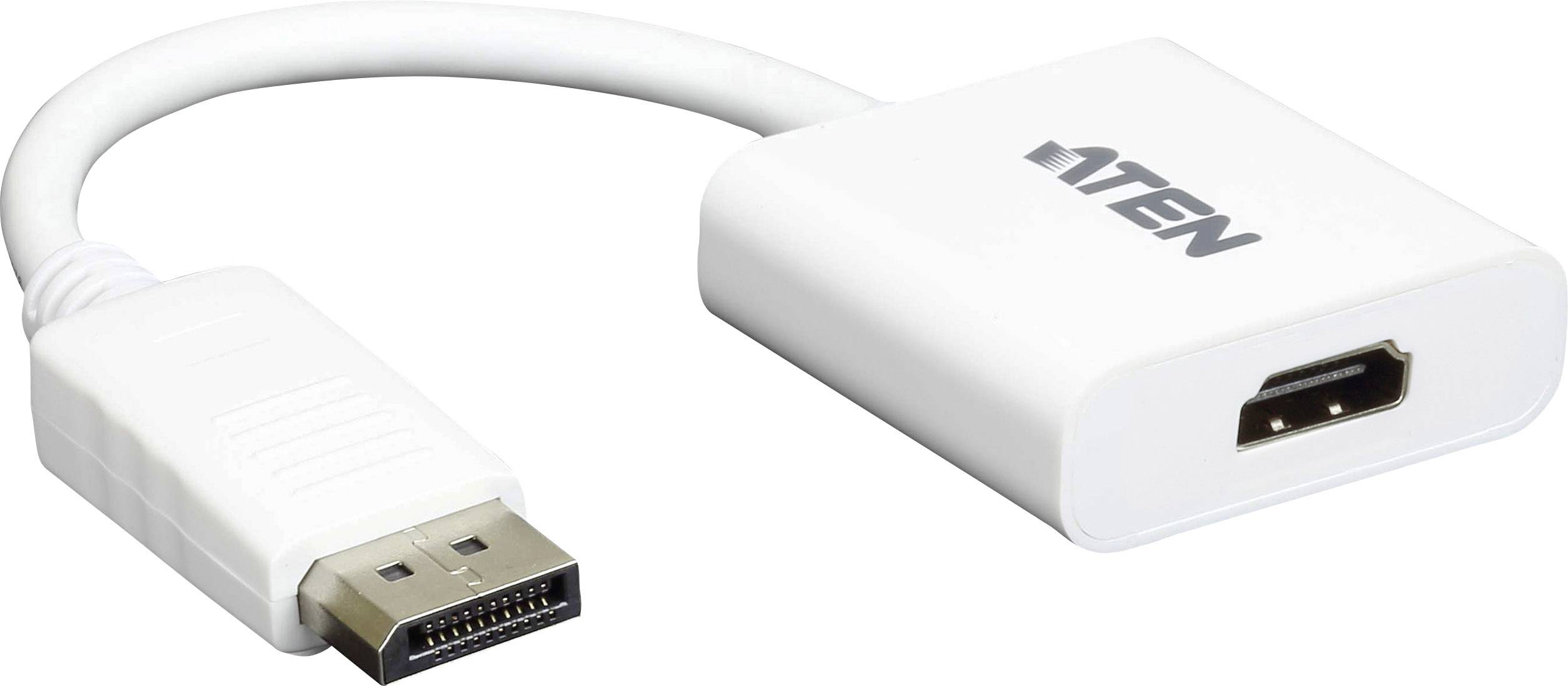 Ein weißer DisplayPort-zu-HDMI-Adapter zeigt den DisplayPort-Stecker auf der einen und die HDMI-Buchse auf der anderen Seite.