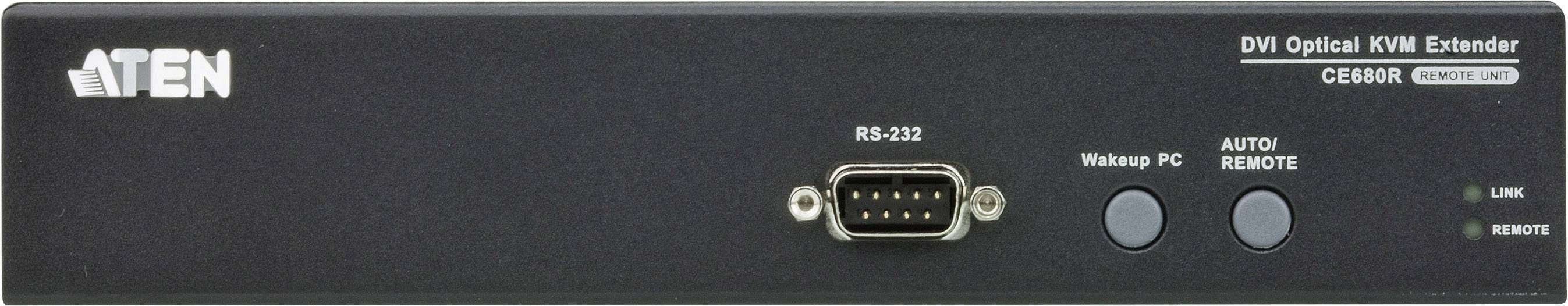 Ein ATEN DVI Optical KVM Extender mit Anschlüssen und Tasten für RS-232, PC-Aufwecken, Automatik und Fernbedienung.
