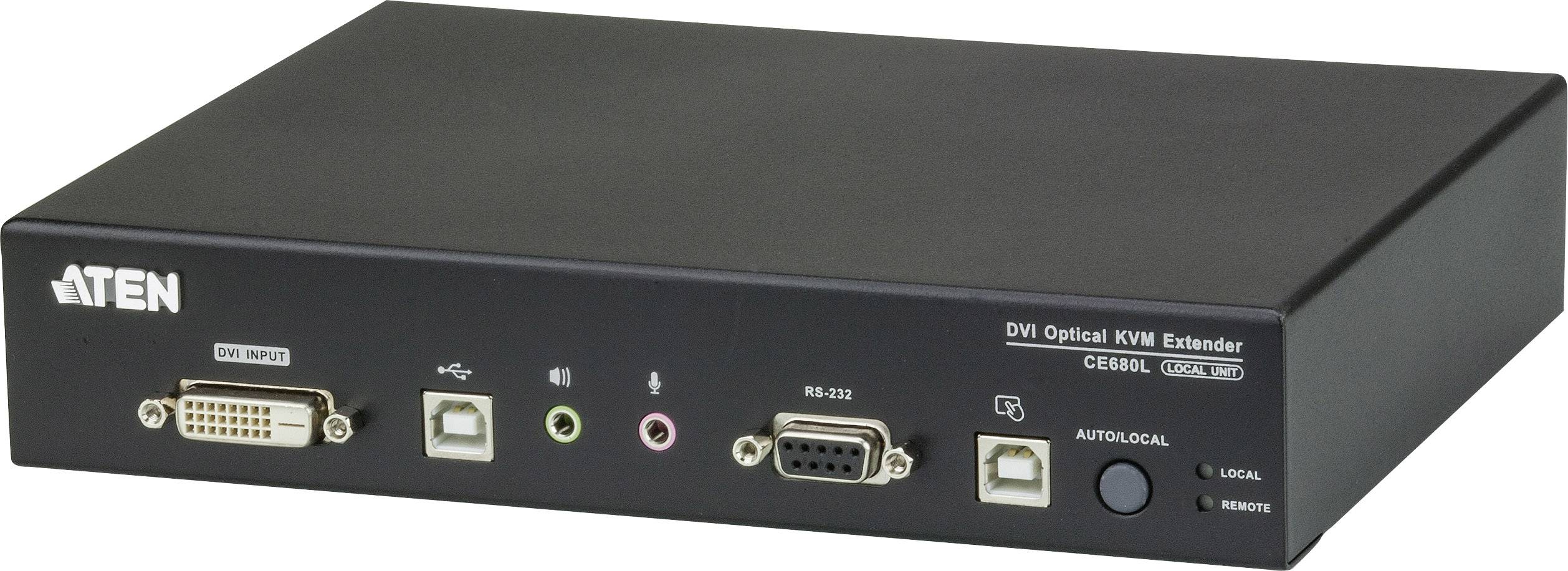 Ein schwarzer DVI Optical KVM Extender von ATEN mit verschiedenen Anschlussmöglichkeiten und Kontrollleuchten auf der Vorderseite.