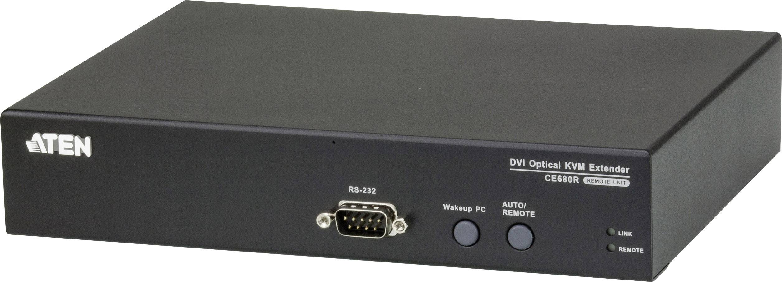 Ein schwarzes elektronisches Gerät, bezeichnet als 'ATEN DVI Optical KVM Extender CE680R', mit RS-232-Anschluss und Schaltern für Webapp PC und Auto/Remote.