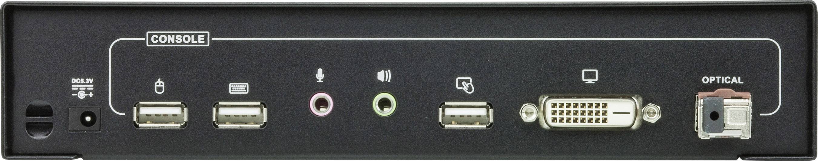 Rückansicht eines KVM-Switches mit mehreren Anschlüssen: zwei USB, Audio, Mikrofon, DVI, Netzwerk und optischer Anschluss, beschriftet als 'CONSOLE'.