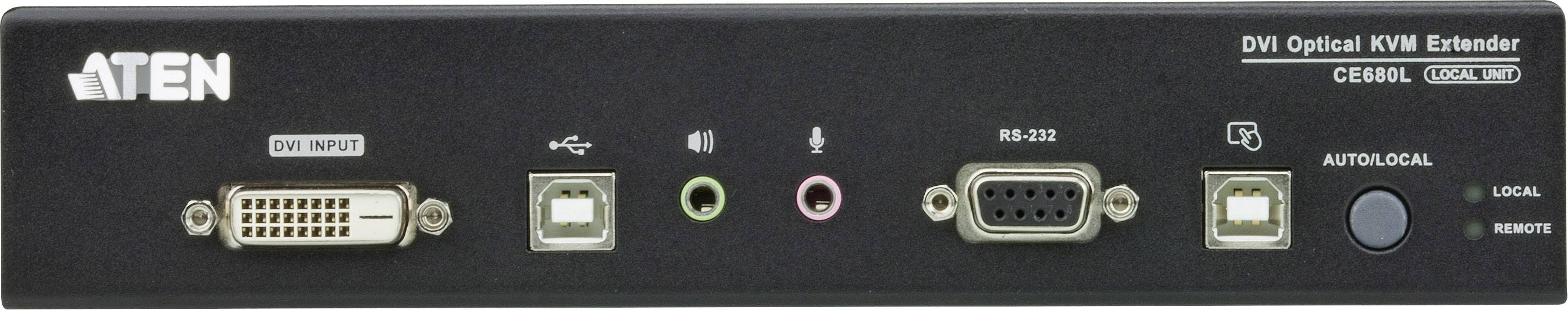 Rückansicht eines DVI Optical KVM Extenders mit Anschlüssen für DVI-Eingang, USB, Audio, RS-232 und Schalter für 'Auto/Local/Remote'.