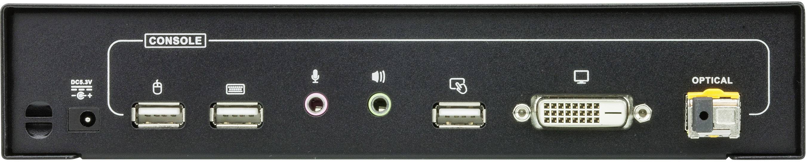 Rückseite eines Computergeräts mit mehreren Anschlussarten: USB, Netzwerk, Audio, digitale Video- und optische Schnittstellen.