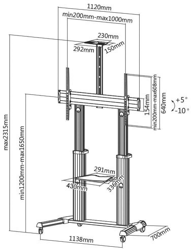 Ein verstellbarer TV-Ständer mit Rädern und höhenverstellbaren Halterungen. Maße: max. Höhe 2315mm, Breite 1138mm, Tiefe 700mm.