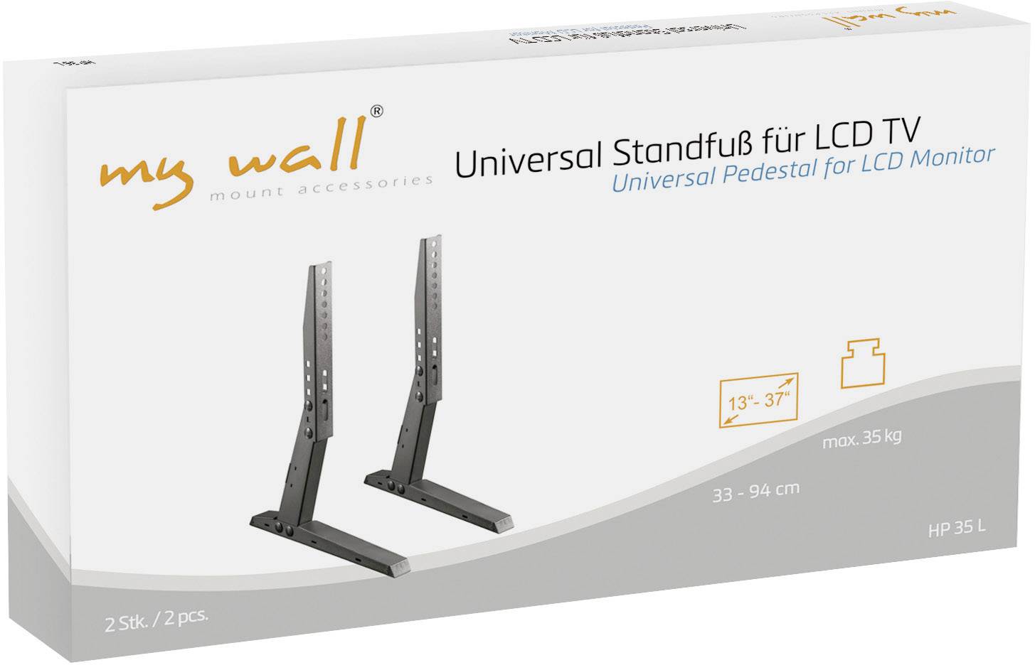 Verpackung eines Universal-Standfußes für LCD TVs, geeignet für 33-94 cm Bildschirmdiagonale, max. 35 kg, 2 Stück enthalten.
