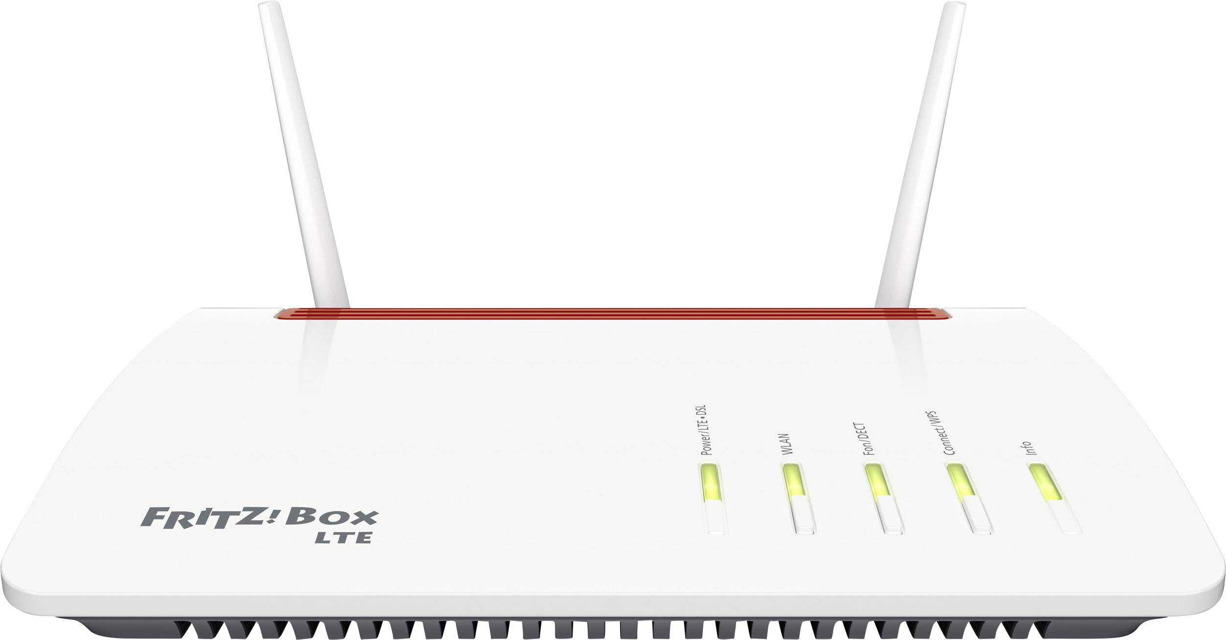 Ein weißer Router mit zwei Antennen, der FRITZ!Box LTE zeigt. Vier LEDs zeigen Netzstatus und Aktivität an der Vorderseite an.