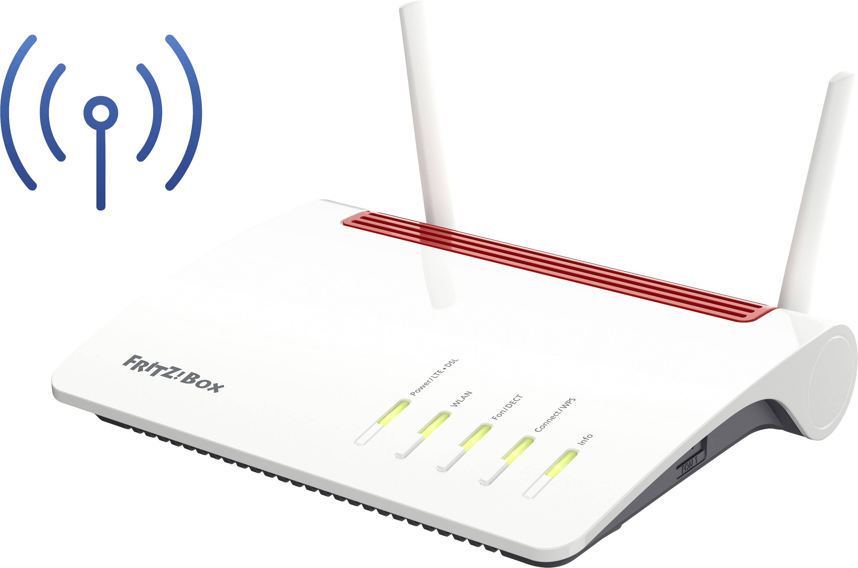 Ein WLAN-Router mit zwei Antennen und leuchtenden Statusanzeigen steht neben einem blauen WLAN-Symbol.