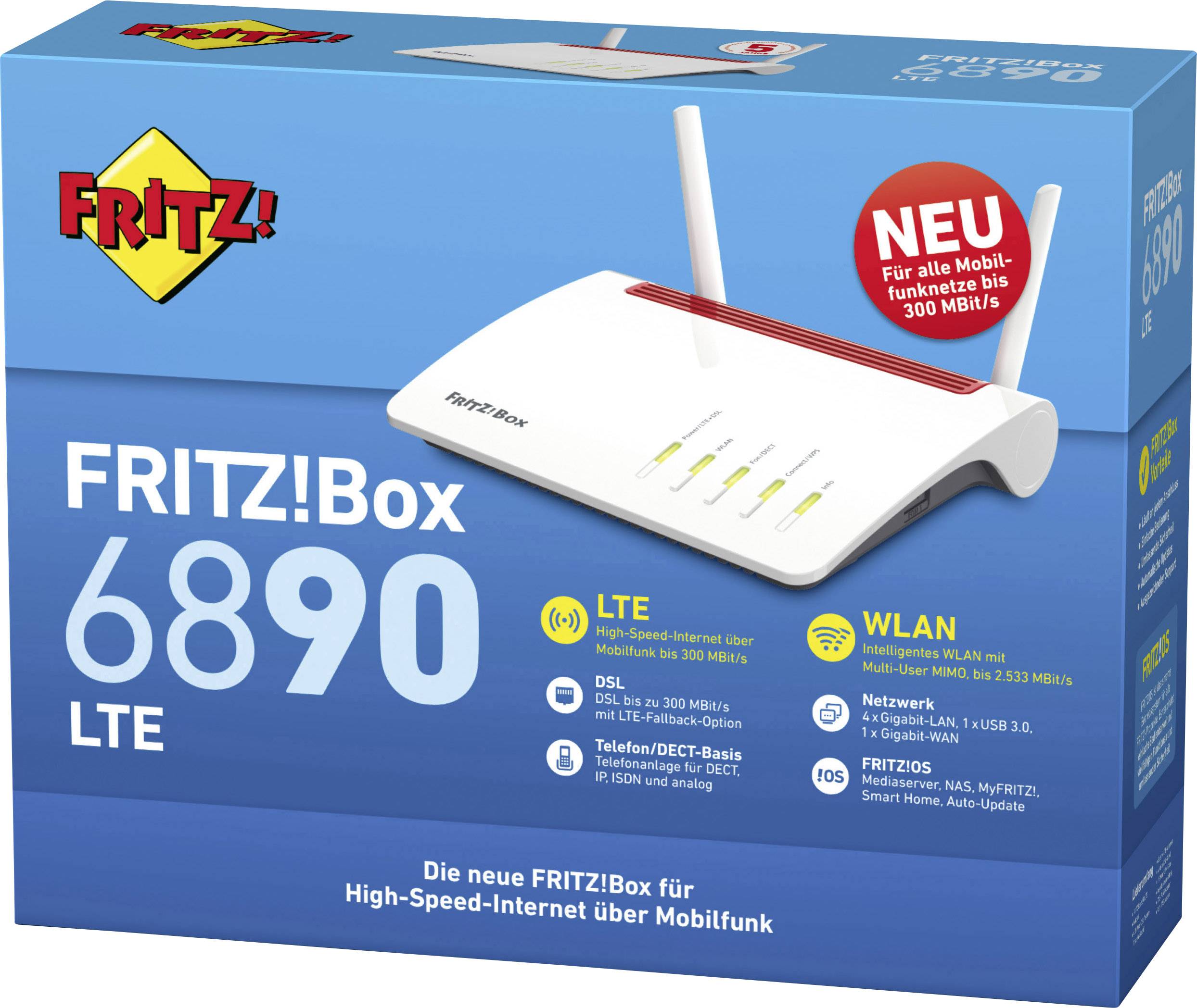 Verpackung einer FRITZ!Box 6890 LTE. Hauptmerkmale: LTE, WLAN bis 300 MBit/s, Telefon/DECT-Basis, NAS. Neue Router-Technologie für schnelles Internet.