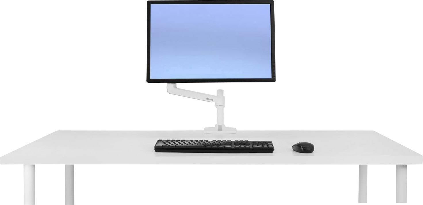 Ein Bildschirm auf einem beweglichen Arm, eine Tastatur und eine Maus stehen ordentlich auf einem weißen Schreibtisch.