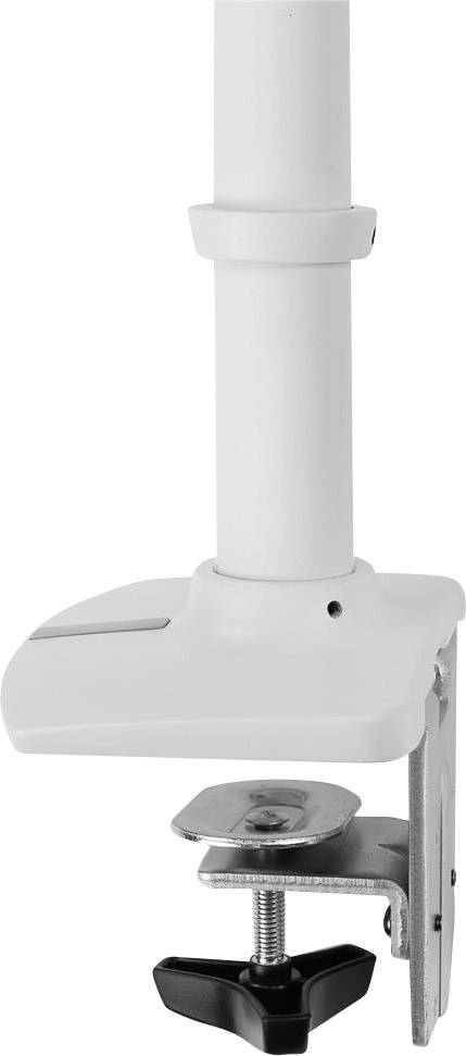Ein weißes Metallrohr mit einer Schraubzwinge, befestigt an einem Tischrand. Dient zur stabilen Fixierung, z. B. für Lampen.