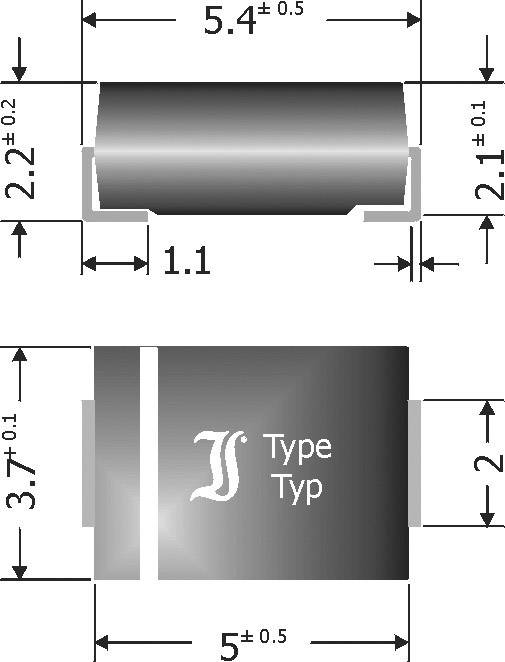 Elektronisches Bauteil, vermutlich SMD-Diode. Oben: seitliche Ansicht, Maße: 5,4 mm x 2,2 mm x 1,1 mm. Unten: Draufsicht, Maße: 5 mm x 3,7 mm.