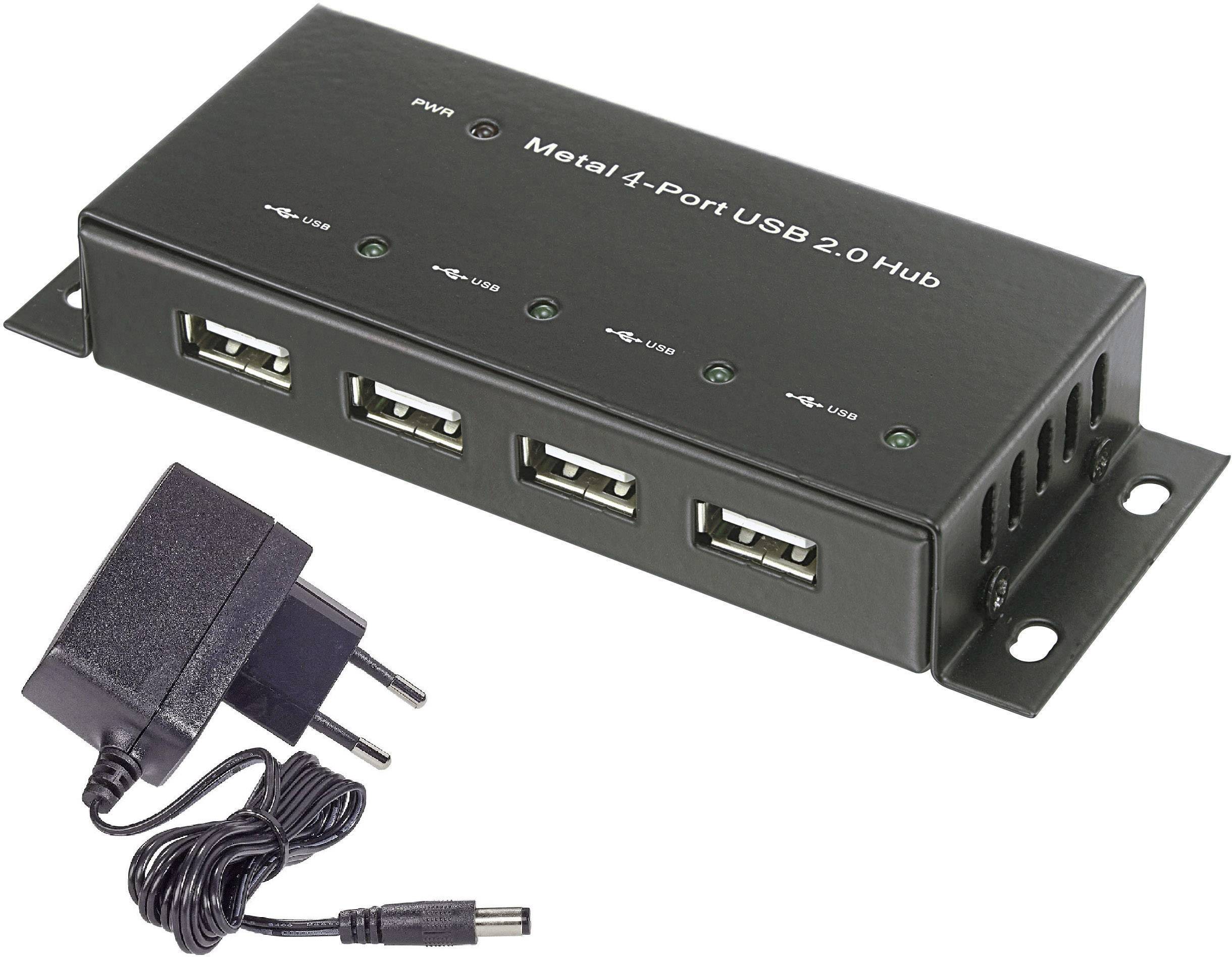 Schwarzer USB-Hub mit 4 Anschlüssen und LED-Anzeigen, daneben ein passendes Netzteilkabel. Geeignet für mehrere USB-Verbindungen.