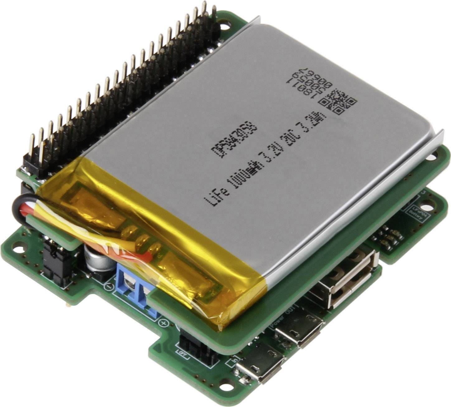 Ein grünes elektronisches Modul mit einer Lithiumbatterie auf der Oberseite und mehreren Steckverbindern, geeignet für technische Anwendungen.