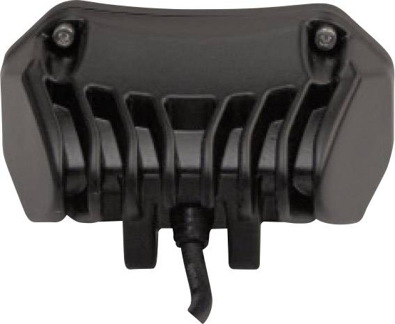 Schwarzes, rechteckiges plastisches Objekt mit Haken darunter, möglicherweise ein mechanisches oder elektrisches Bauteil.