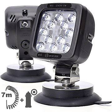 Zwei schwarze LED-Arbeitsleuchten mit Magnetfuß, ideal für 7-Meter-Reichweite. Eine zeigt die Vorderseite mit 12 LEDs, die andere die Rückseite.