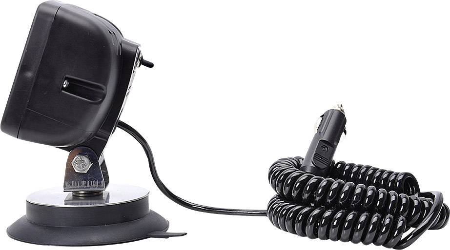 Tragbare, schwarze Autolampe mit Spiralkabel an Zigarettenanzünderadapter und Saugnapfbefestigung, seitliche Ansicht.