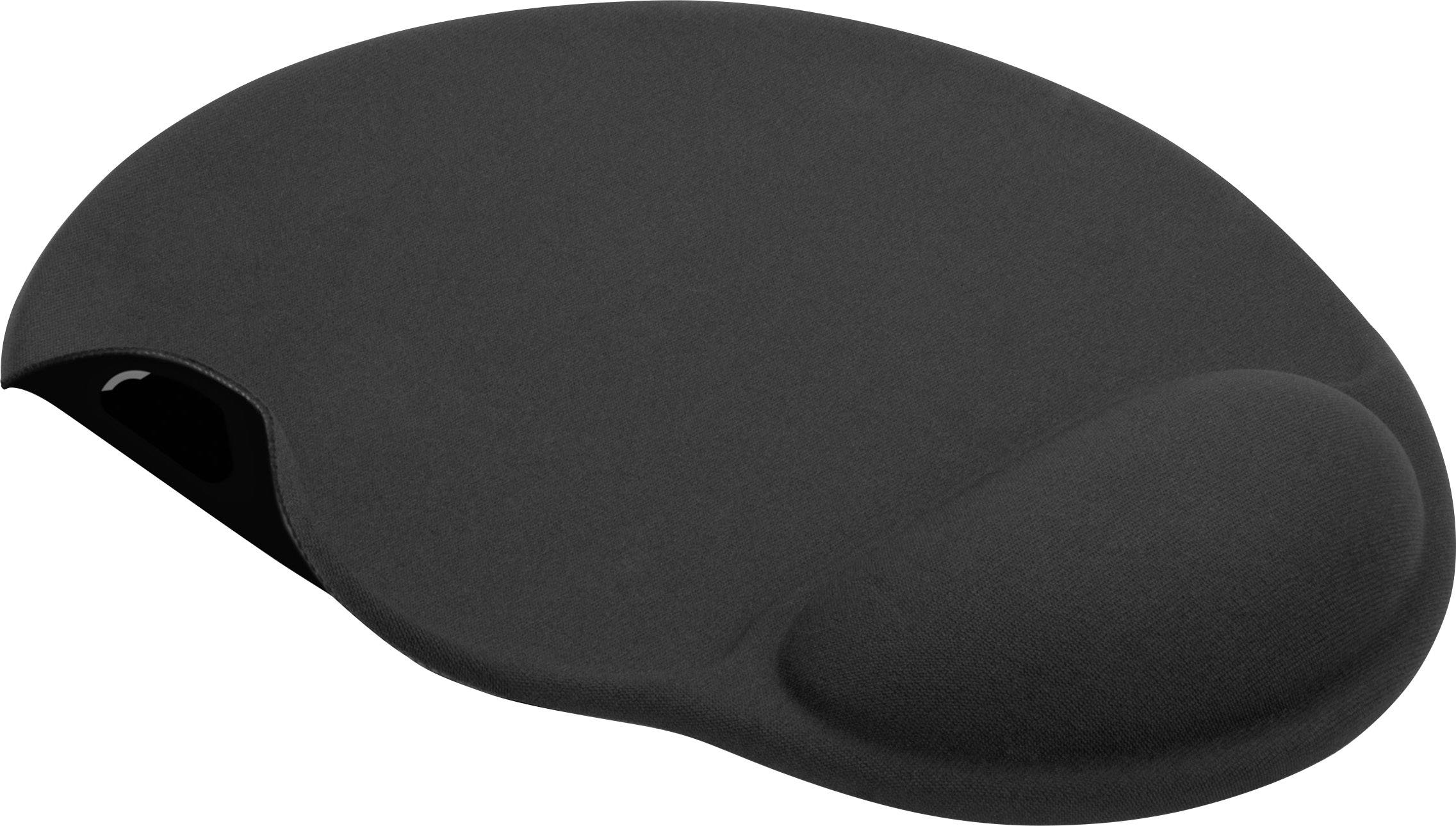 Schwarzes Mauspad mit Handgelenkstütze, ergonomisch geformt für Komfort bei längerer Nutzung.