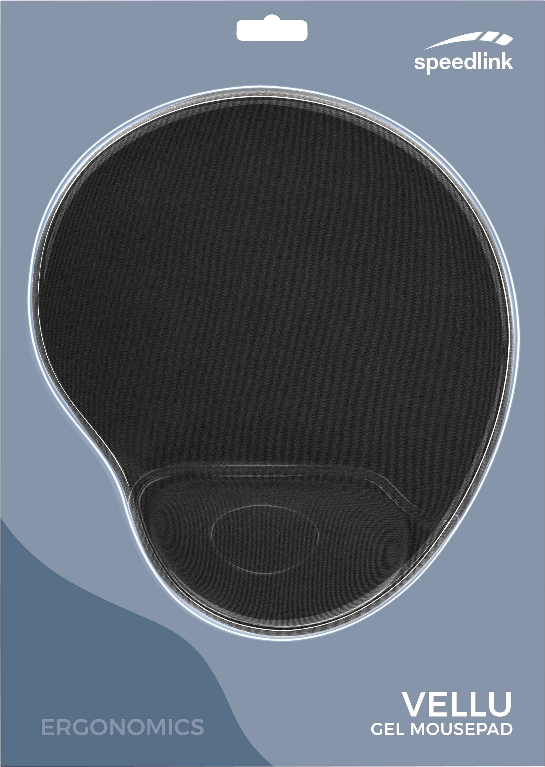 Schwarzes Gel-Mauspad von Vellu, designed für ergonomisches Arbeiten am Computer. Verpackung zeigt Firmenlogo und Produktbeschreibung.