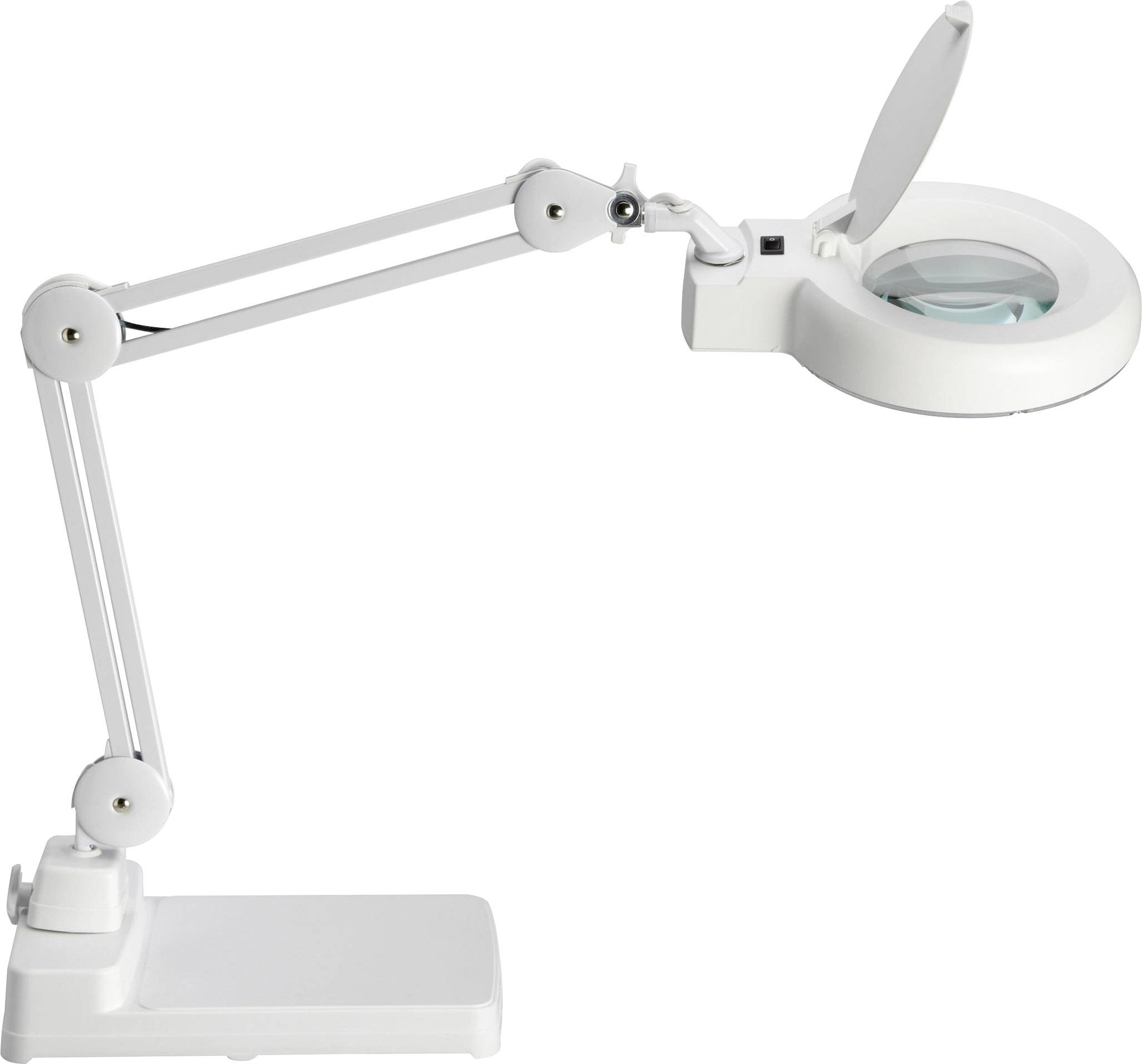 Eine weiße, verstellbare Tischlampe mit integriertem Vergrößerungsglas. Ideal für detaillierte Arbeiten oder Lesen.