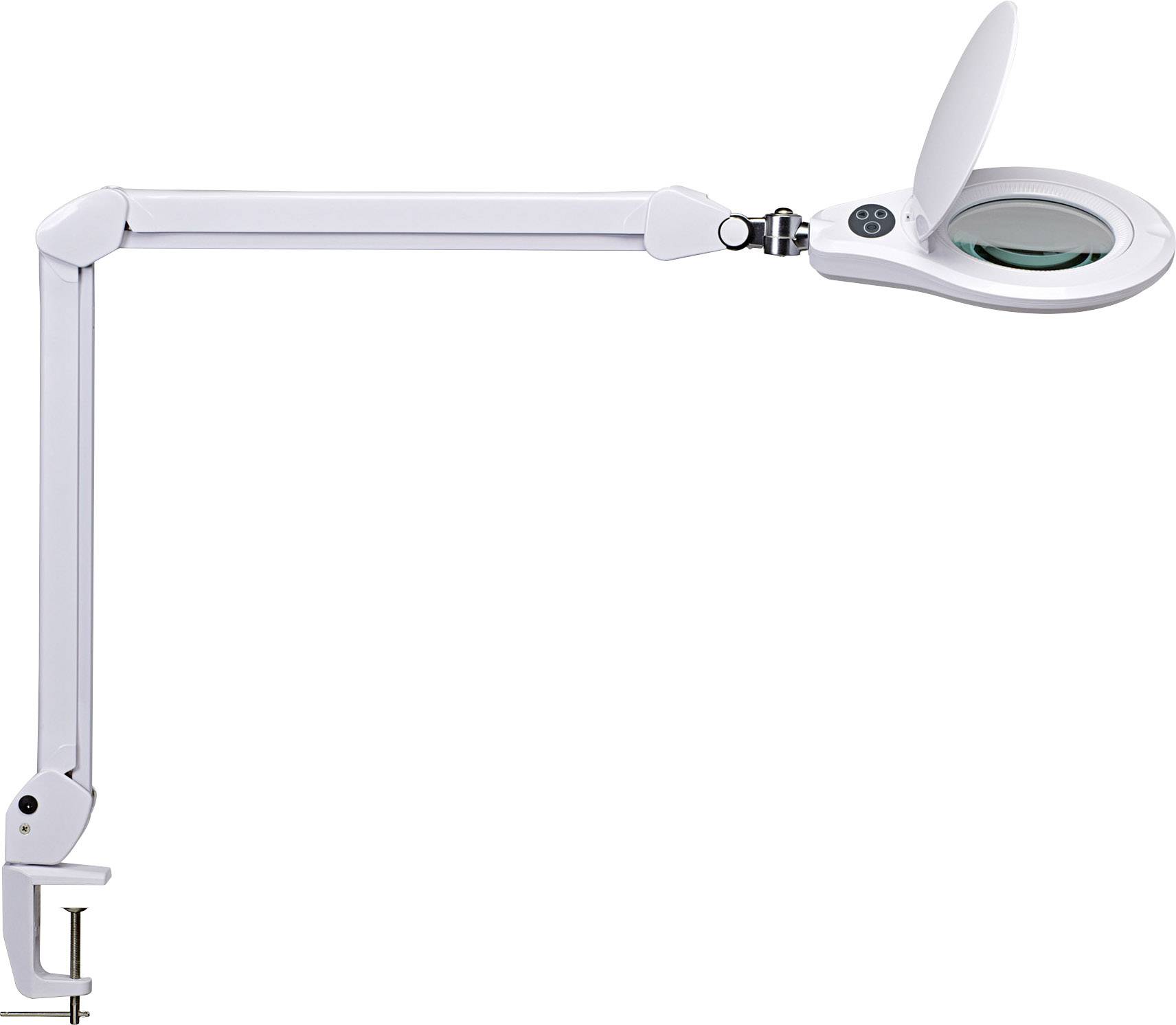 Bürotischlampe mit verstellbarem Arm und Vergrößerungsglas, ideal für präzise Arbeiten oder zum Lesen feiner Details.